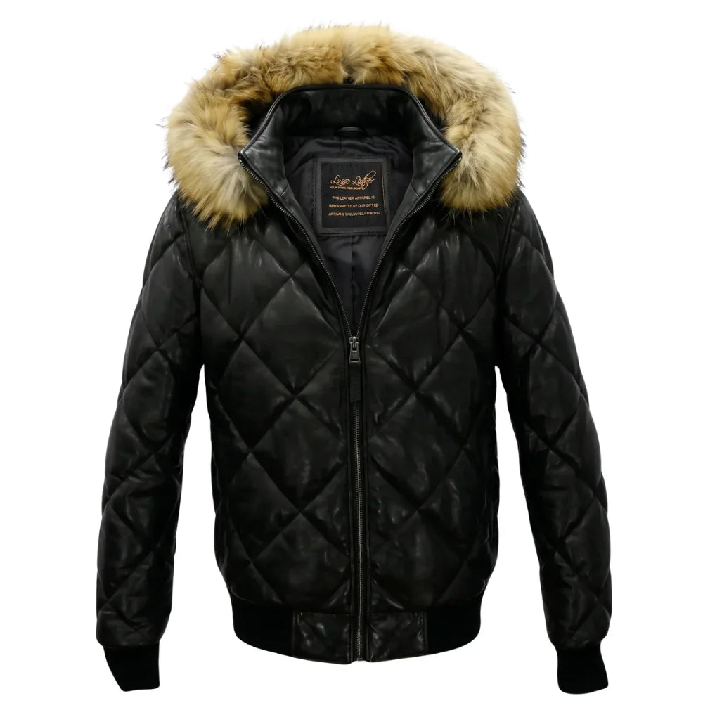 Joel Diamond Quilted & Hooded Leather Puffer Jacket