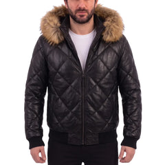 Joel Diamond Quilted & Hooded Leather Puffer Jacket