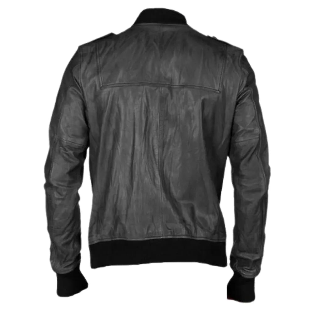 Black Bomber Leather Jacket with Button Closure