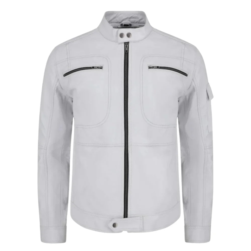 Plain White moto style leather jacket
