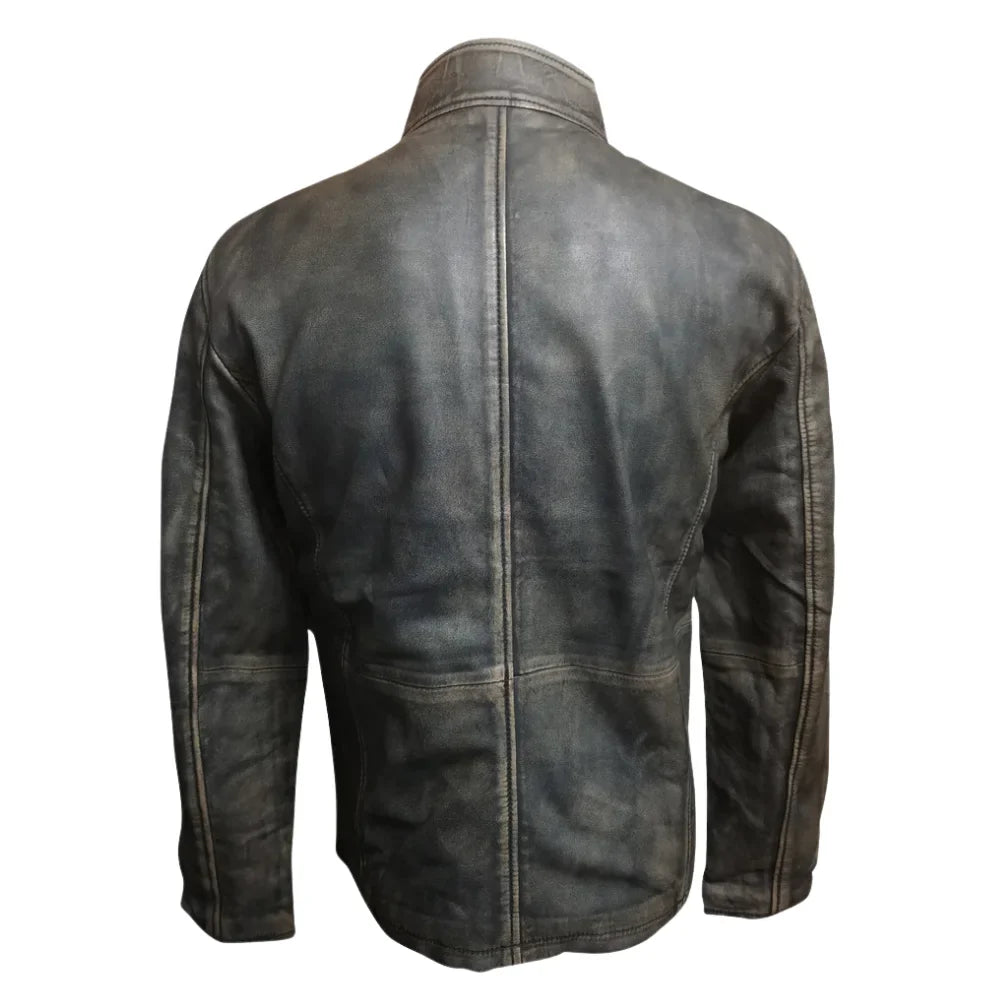 Kwame's vintage style leather jacket with straight collar