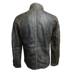 Kwame's vintage style leather jacket with straight collar