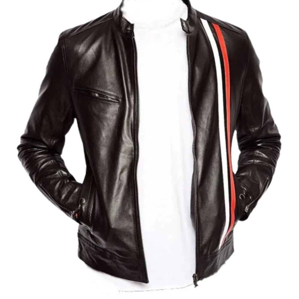 Plain Black Moto Style Jacket with Stripes