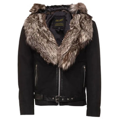 Allen Black Nubuck Leather jacket with Real Fox Fur on collar and hoodie