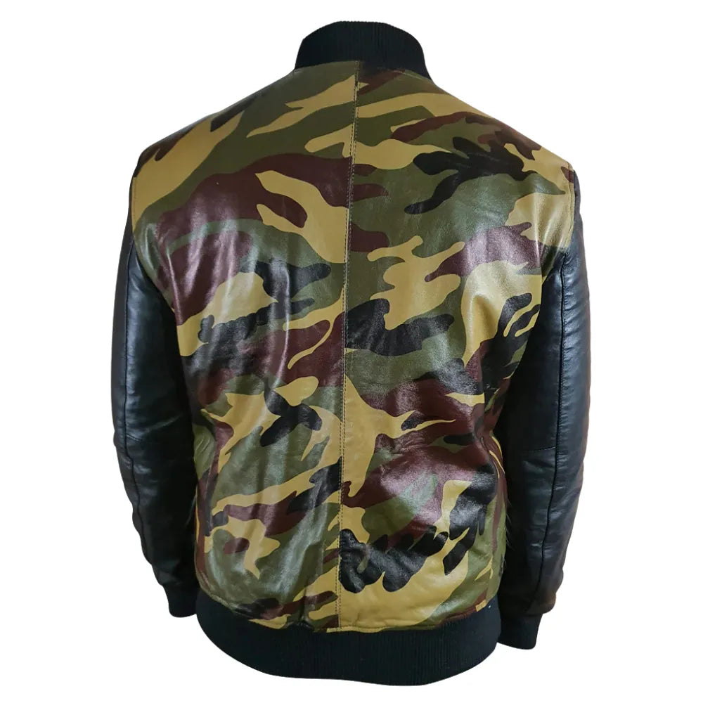 Bomber Camouflage Military print leather jacket with Back sleeves