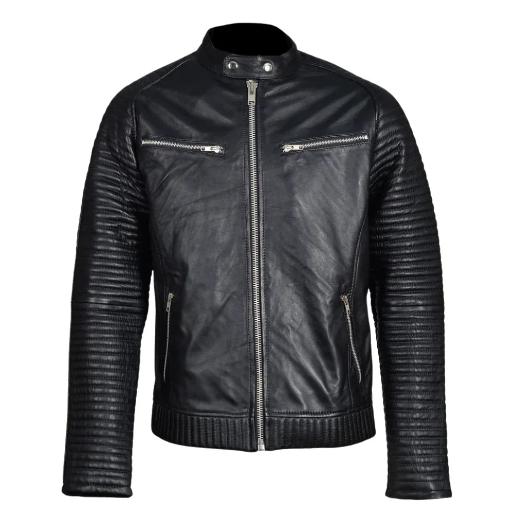 Haworths moto style leather jacket with ribbed stitched sleeves