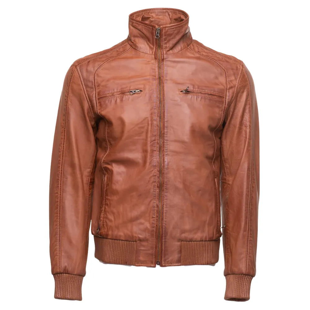Beltrans sand washed leather jacket with stretch leather hems & cuffs