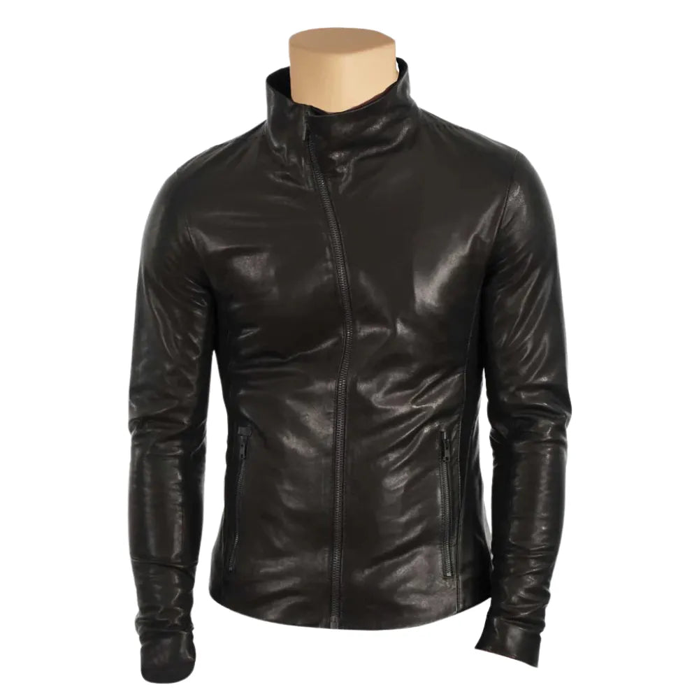 Black leather jacket with high neck pullover