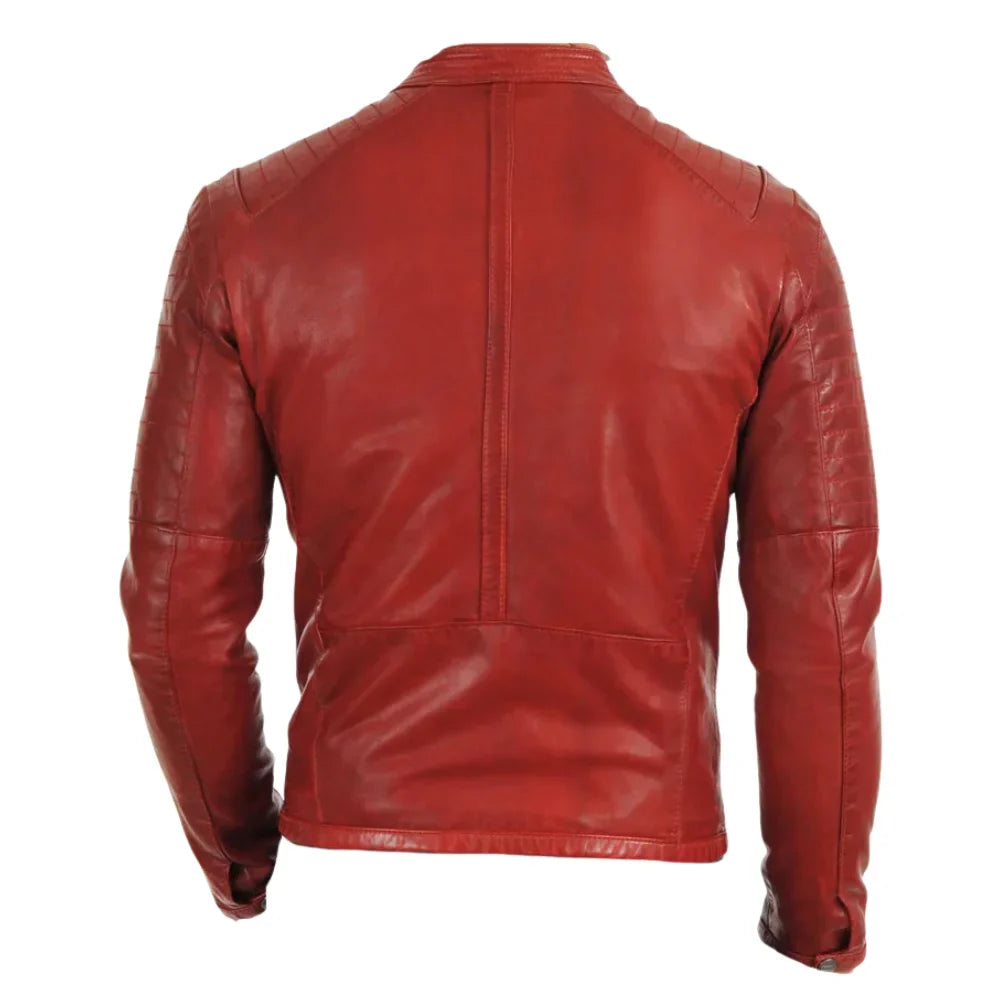 Red moto style jacket with stitching pattern