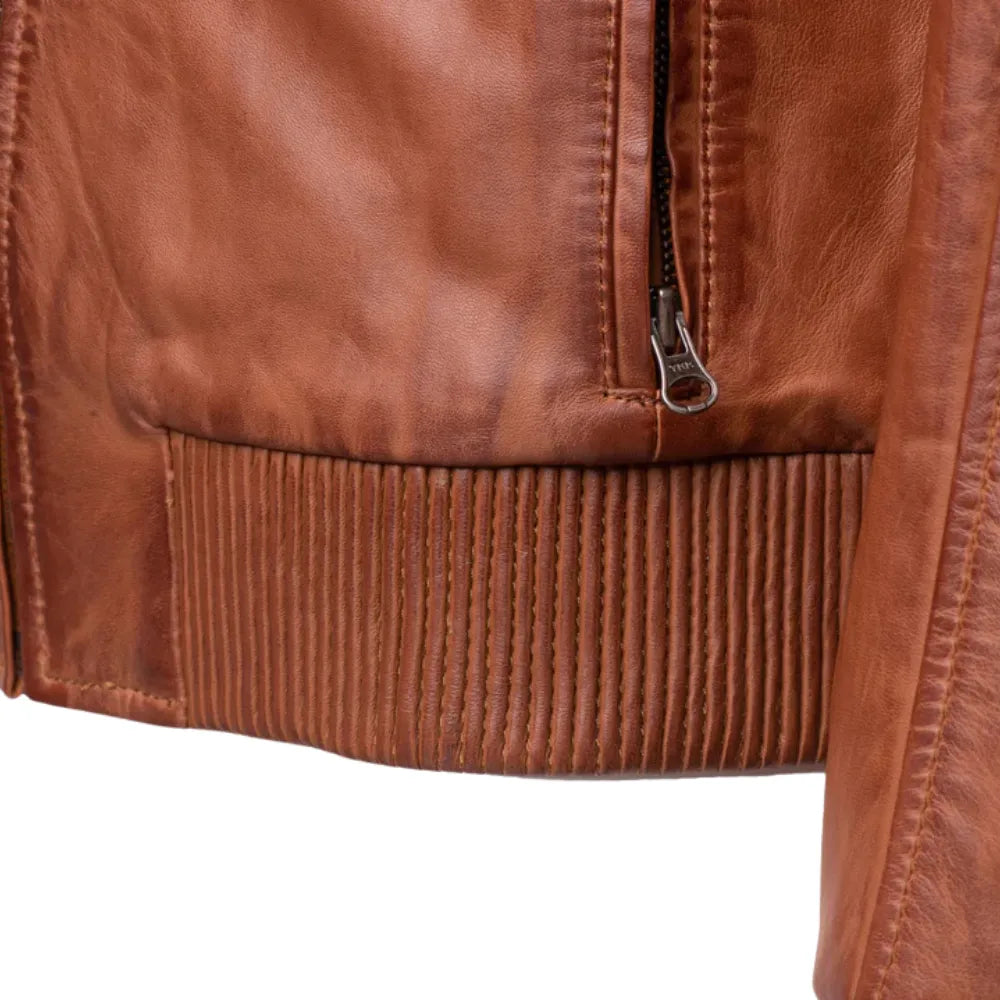 Beltrans sand washed leather jacket with stretch leather hems & cuffs