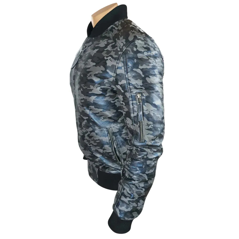 Bomber Grey Camouflage Military print leather jacket