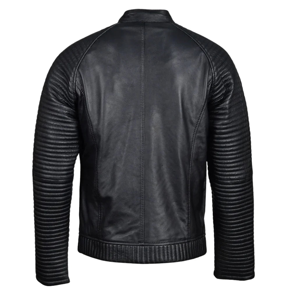 Haworths moto style leather jacket with ribbed stitched sleeves