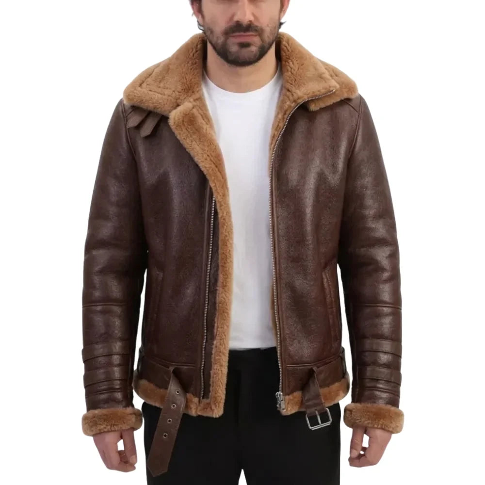 Phan's Brown Aviator bomber shearling jacket with a waist belt
