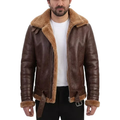 Phan's Brown Aviator bomber shearling jacket with a waist belt