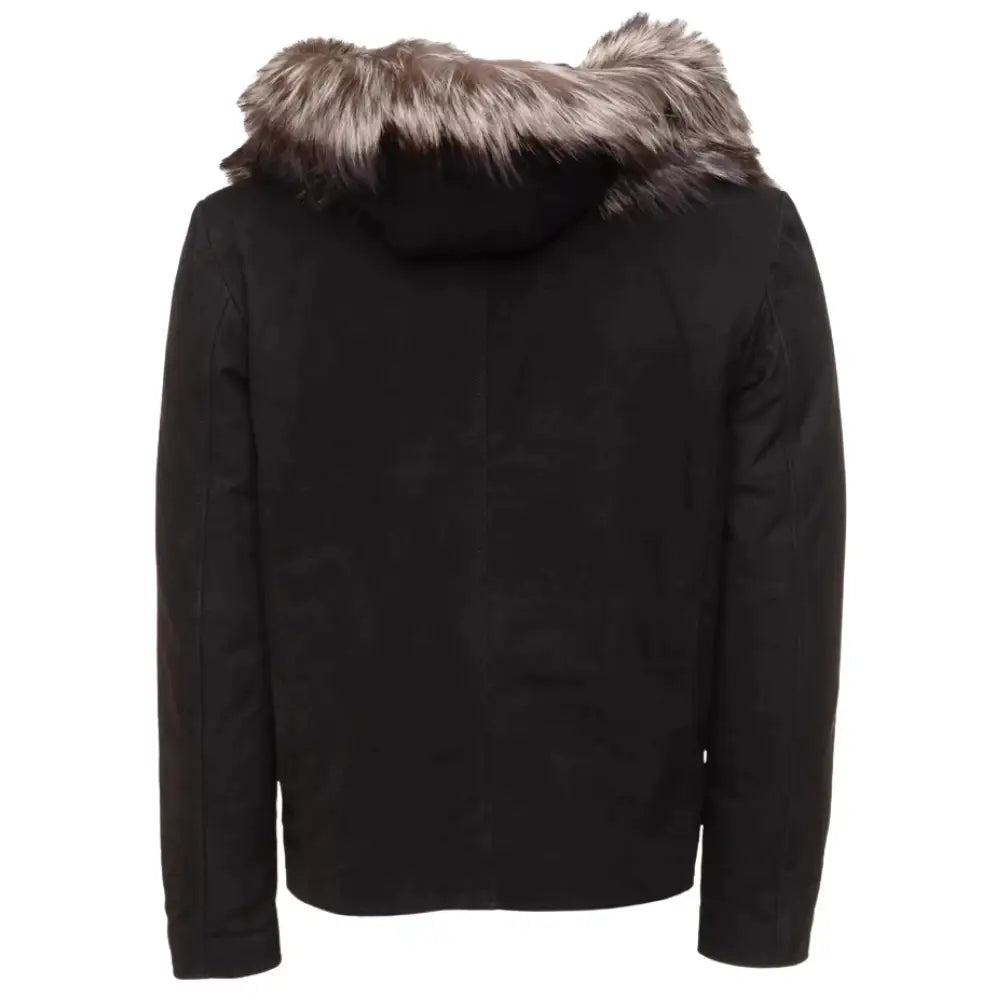 Allen Black Nubuck Leather jacket with Real Fox Fur on collar and hoodie