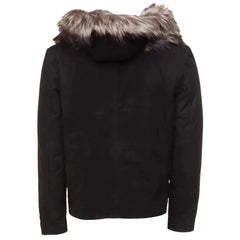 Allen Black Nubuck Leather jacket with Real Fox Fur on collar and hoodie