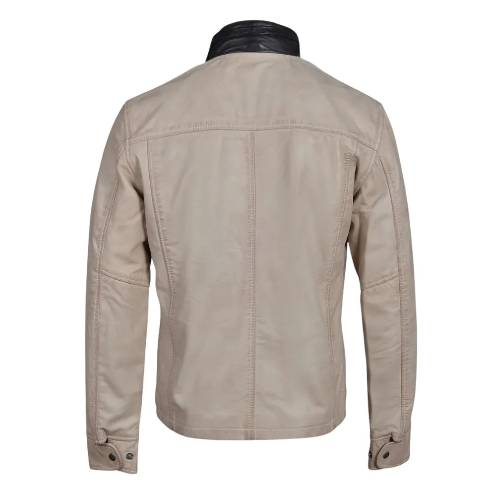 Barnes Bone White Hand Waxed Double Collar Leather Jacket