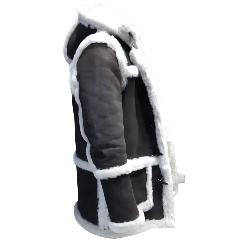 Rayyan's 3/4 length Rancher hooded shearling coat