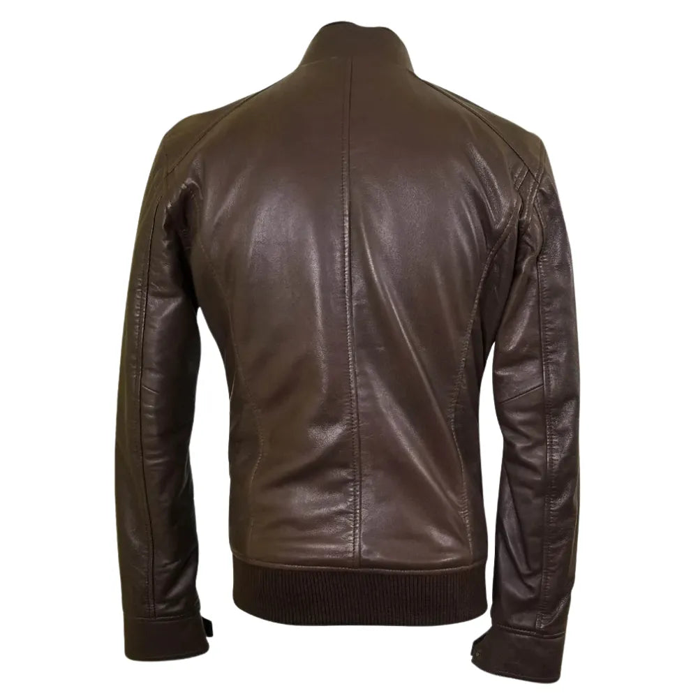 Brown leather jacket with straight ribbed collar, cuffs and hem