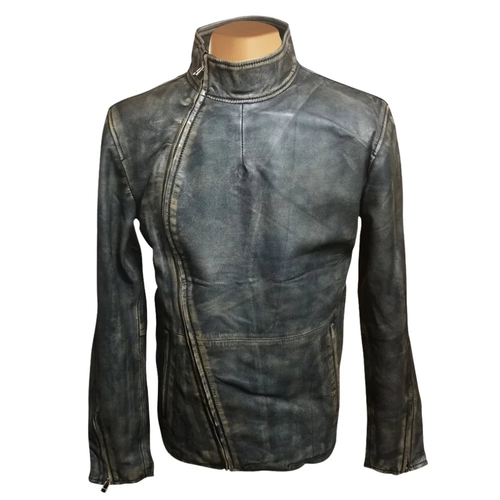 Kwame's vintage style leather jacket with straight collar