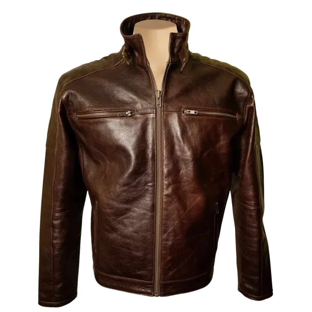 Morton's Vintage Oiled moto style jacket with collar belt