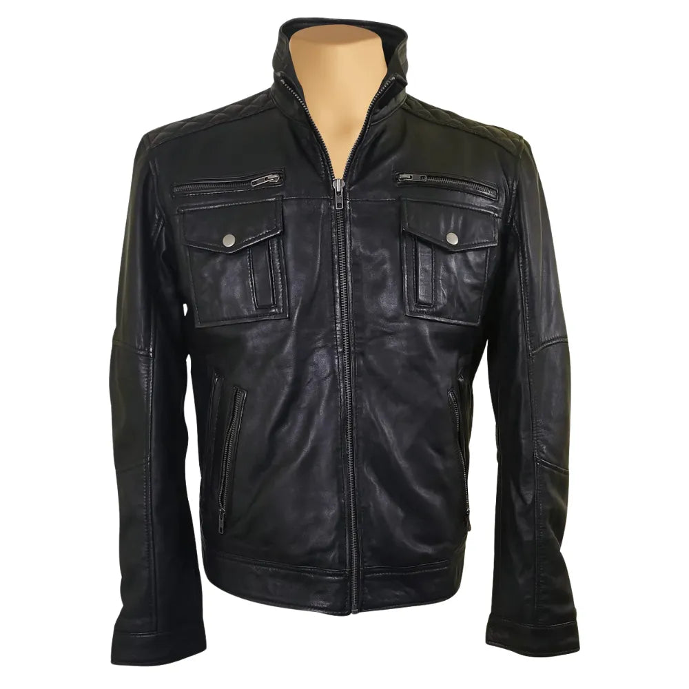 Benson zip up leather jacket with flap pockets