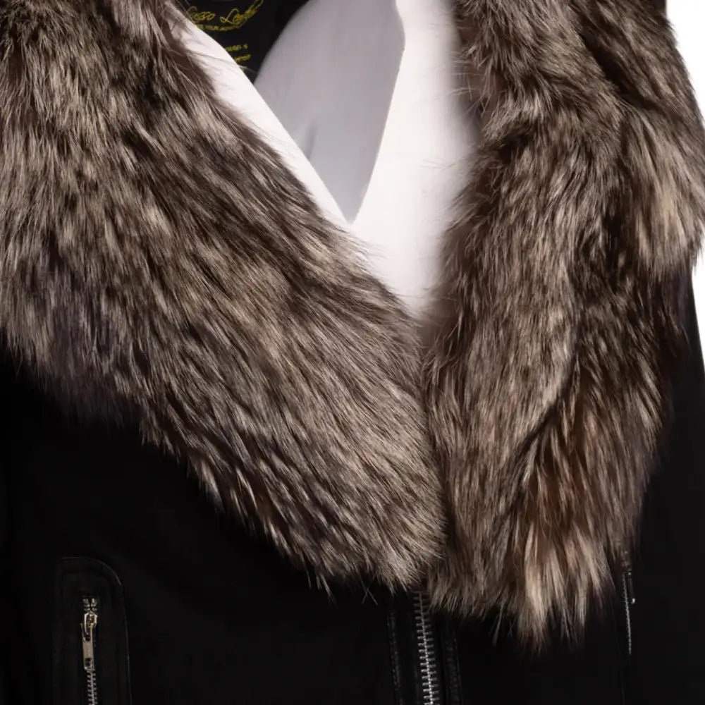 Allen Black Nubuck Leather jacket with Real Fox Fur on collar and hoodie