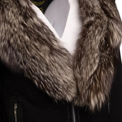 Allen Black Nubuck Leather jacket with Real Fox Fur on collar and hoodie