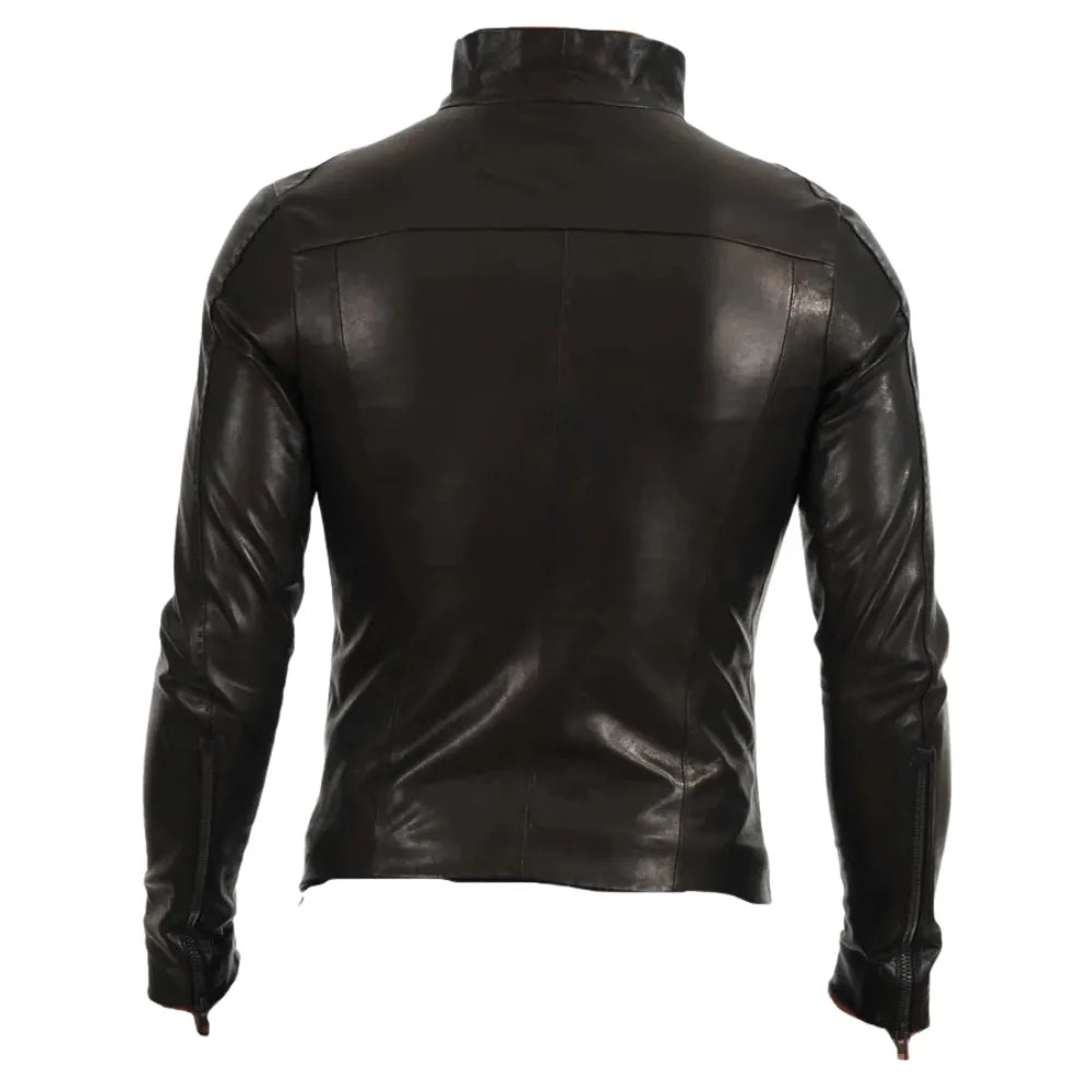 Black leather jacket with high neck pullover