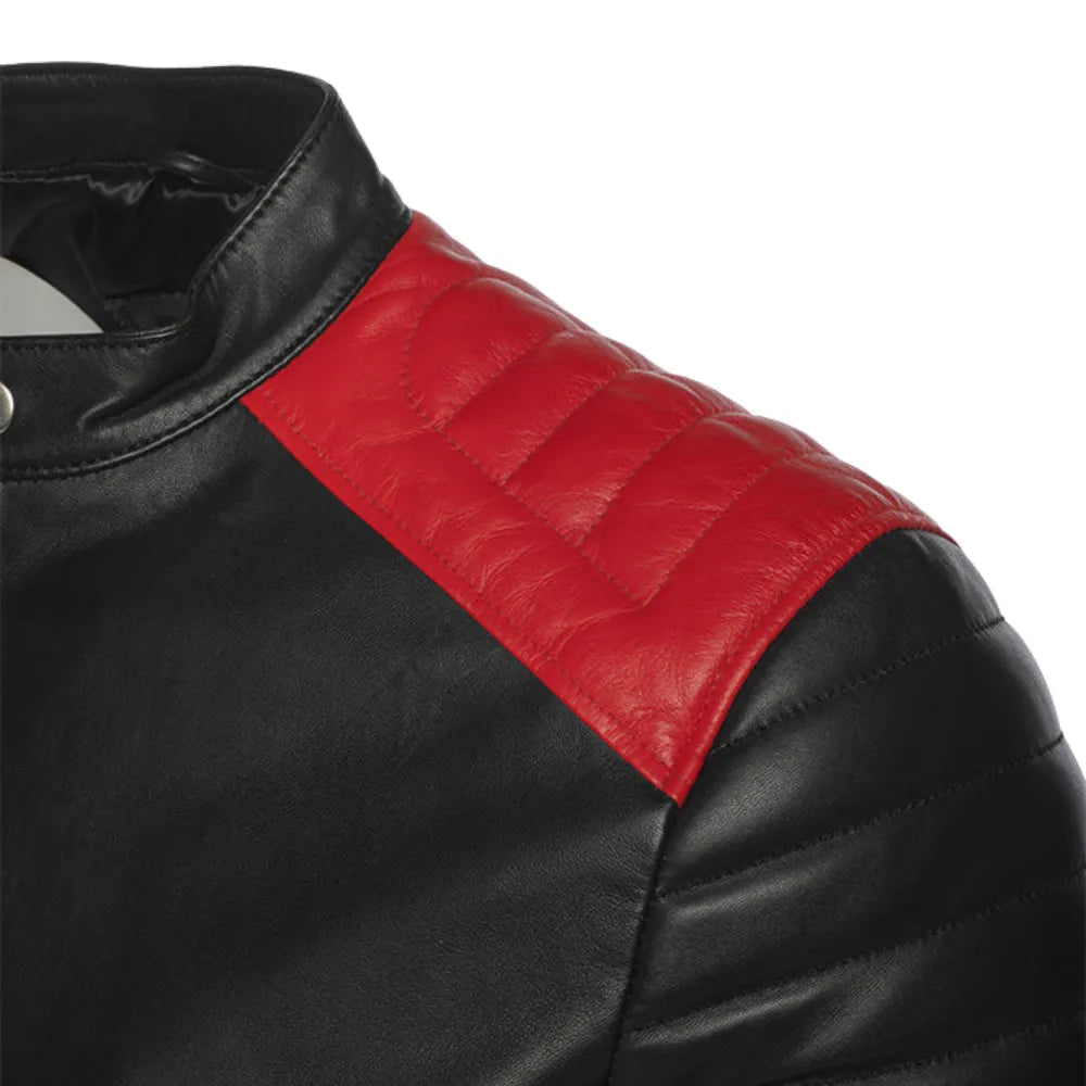 Black moto style jacket with shoulder and arm patches