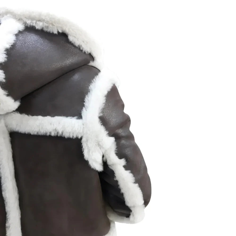 Rayyan's 3/4 length Rancher hooded shearling coat