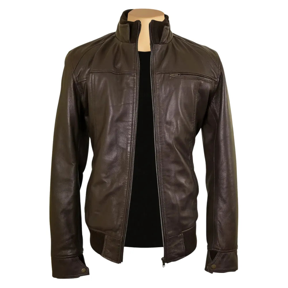 Brown leather jacket with straight ribbed collar, cuffs and hem