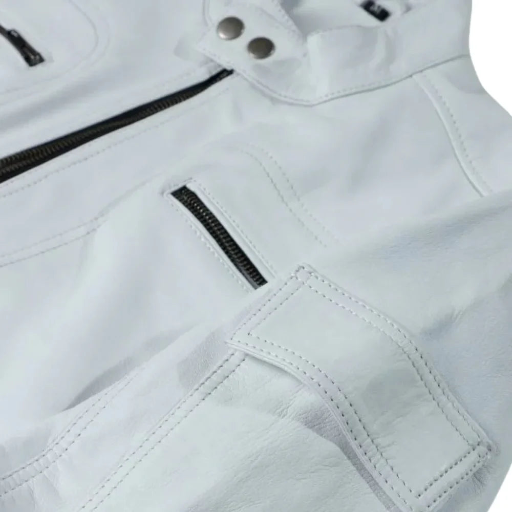 Plain White moto style leather jacket