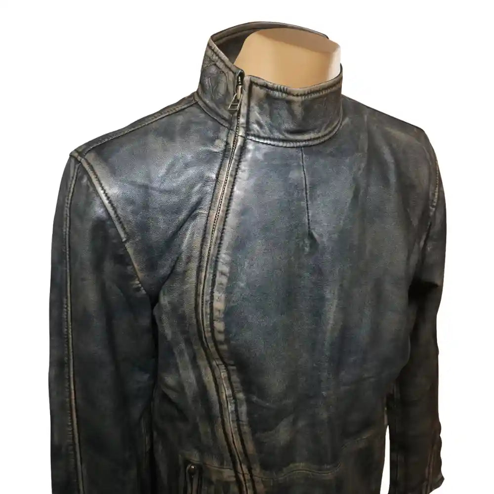 Kwame's vintage style leather jacket with straight collar