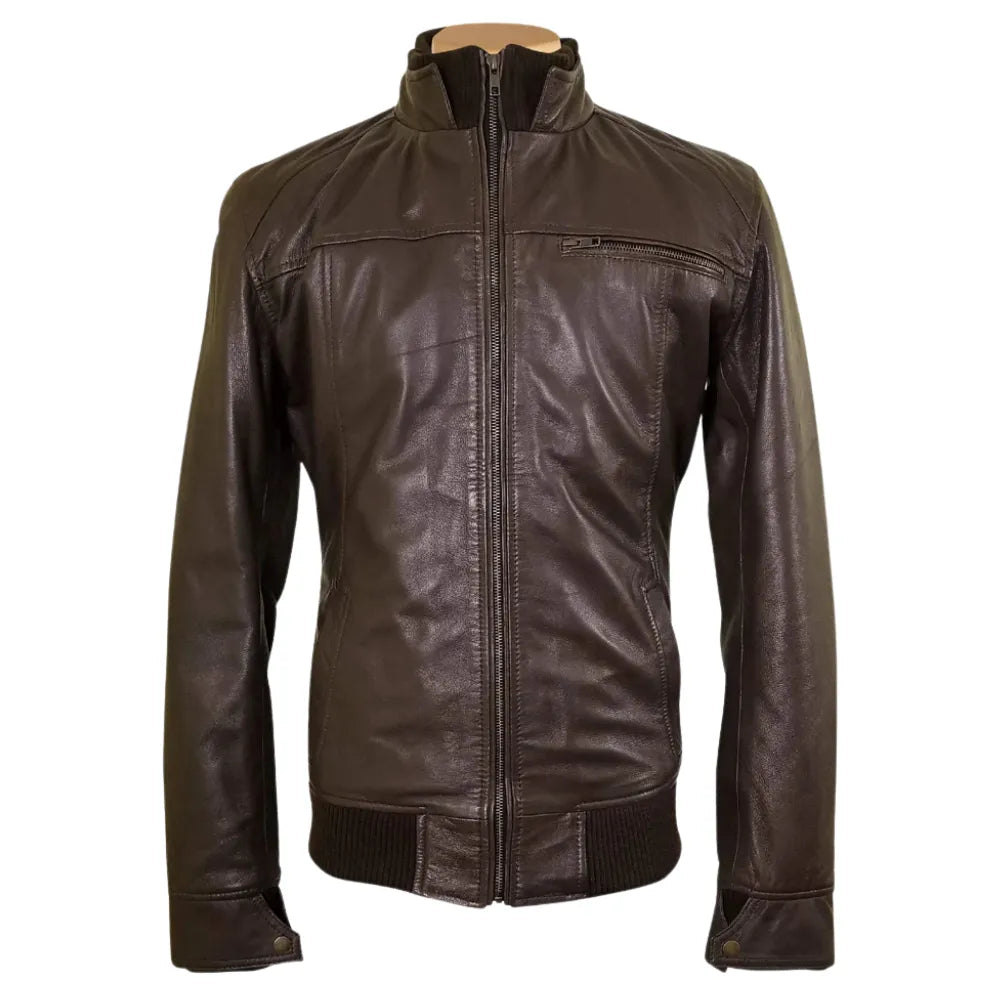 Brown leather jacket with straight ribbed collar, cuffs and hem