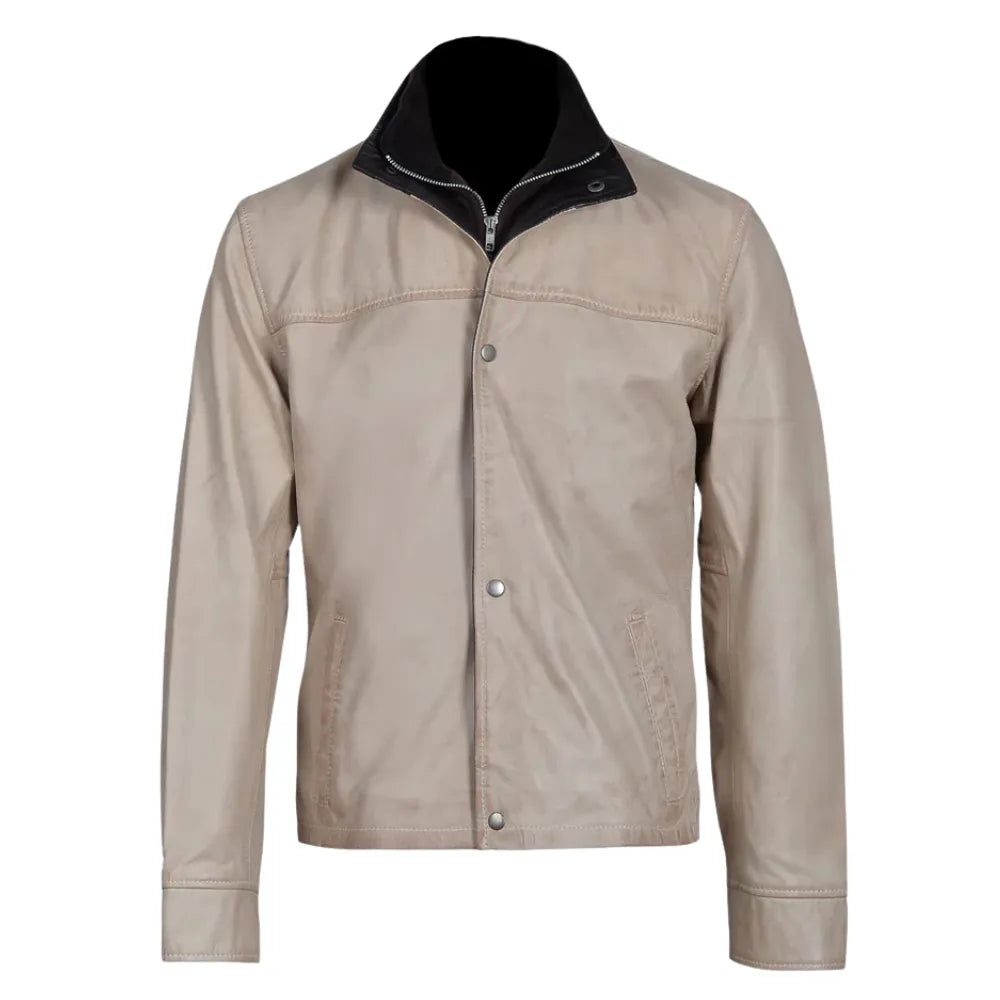 Barnes Bone White Hand Waxed Double Collar Leather Jacket