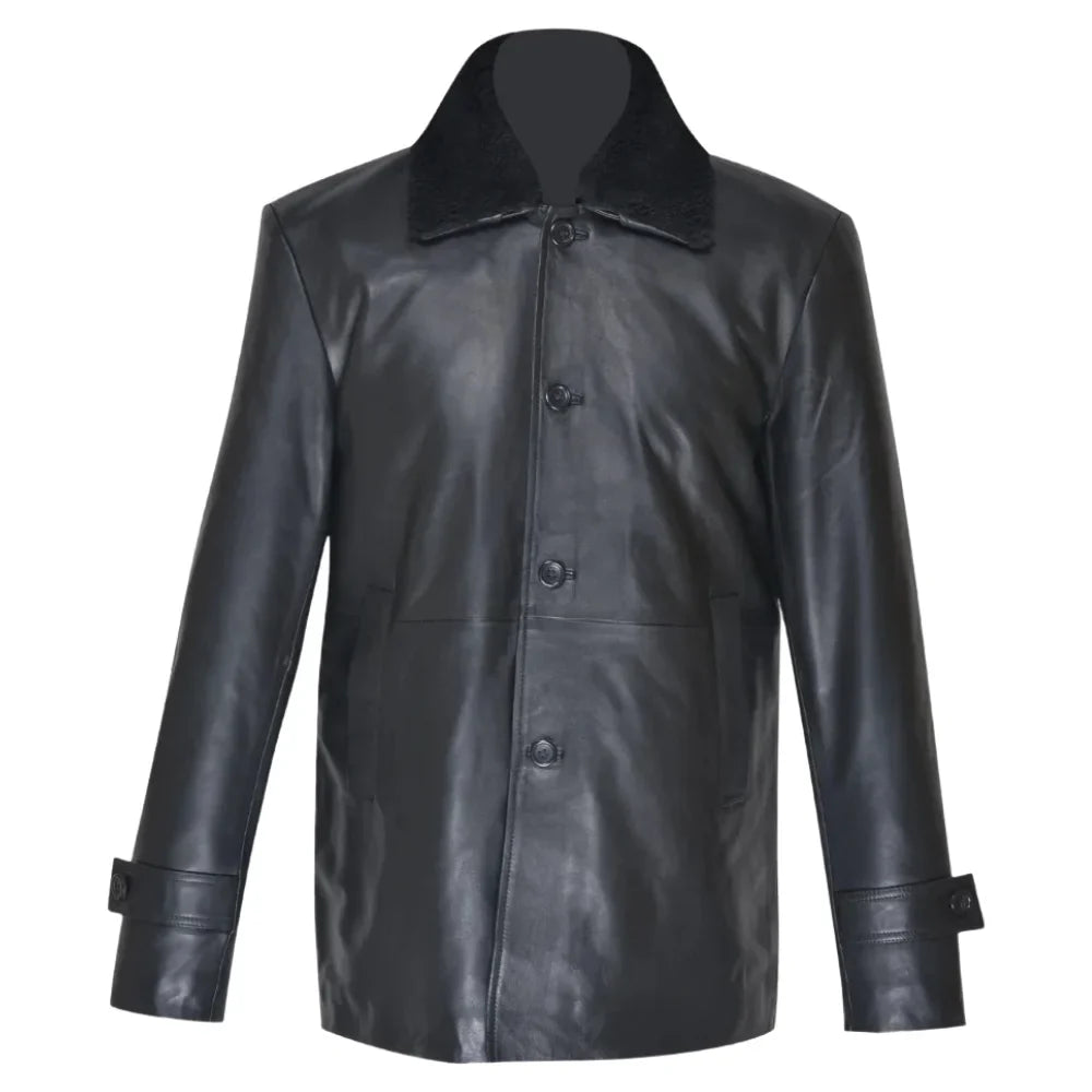 Eric's black leather car coat with fur collar