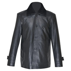 Eric's black leather car coat with fur collar
