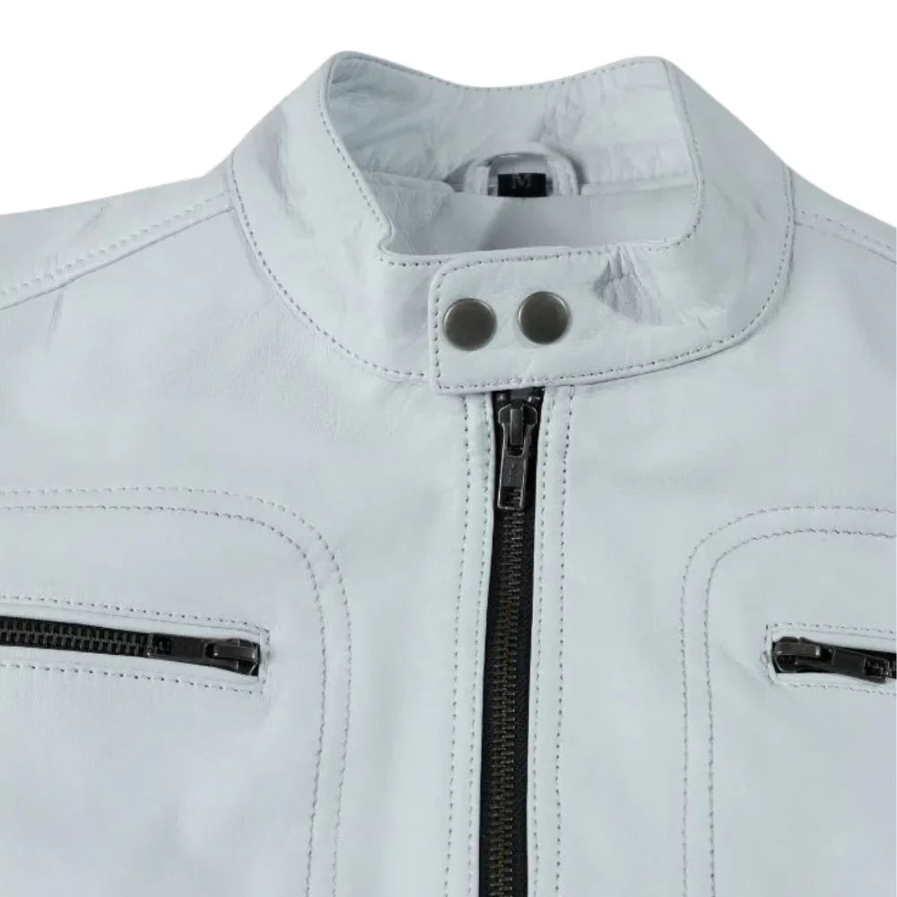 Plain White moto style leather jacket