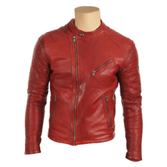 Red moto style jacket with stitching pattern