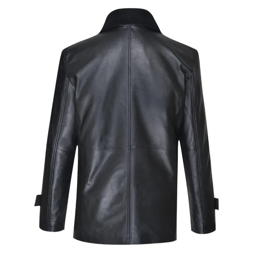Eric's black leather car coat with fur collar
