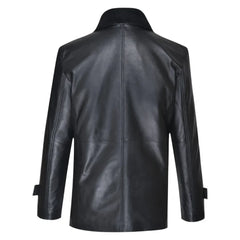 Eric's black leather car coat with fur collar