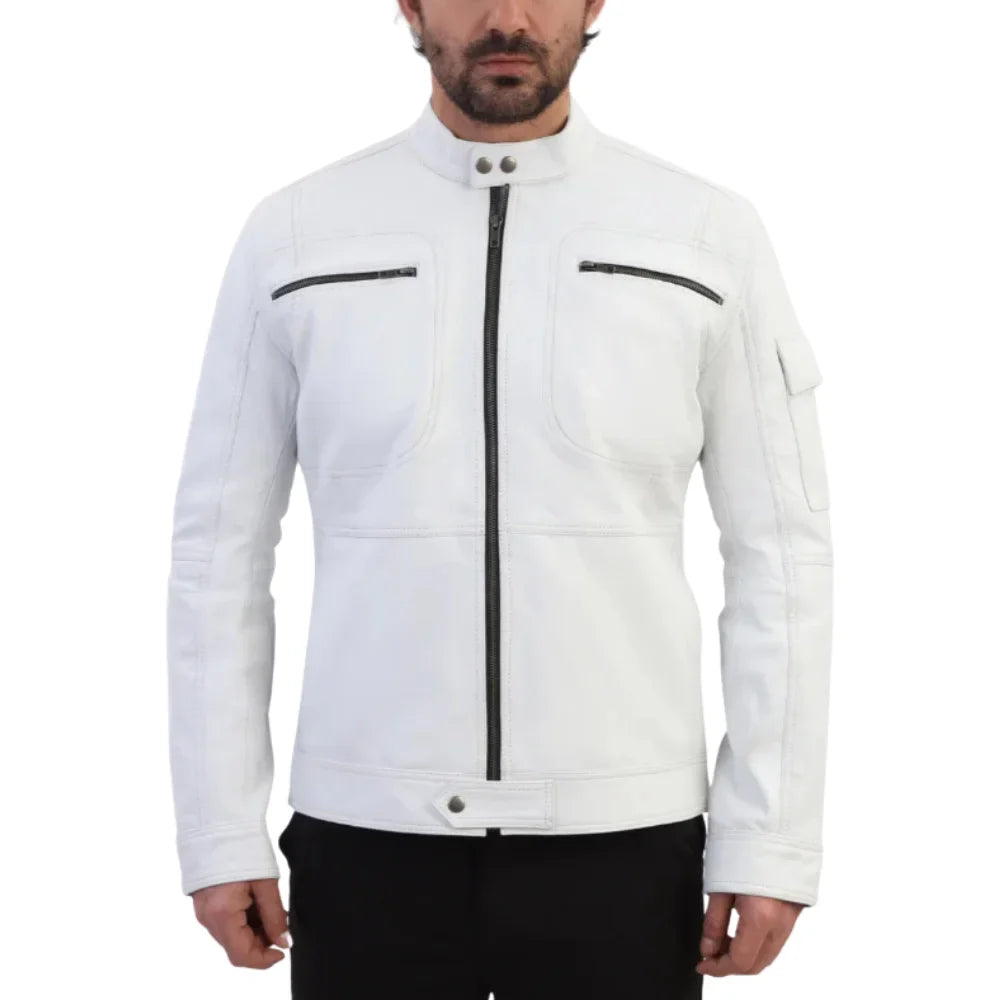 Plain White moto style leather jacket