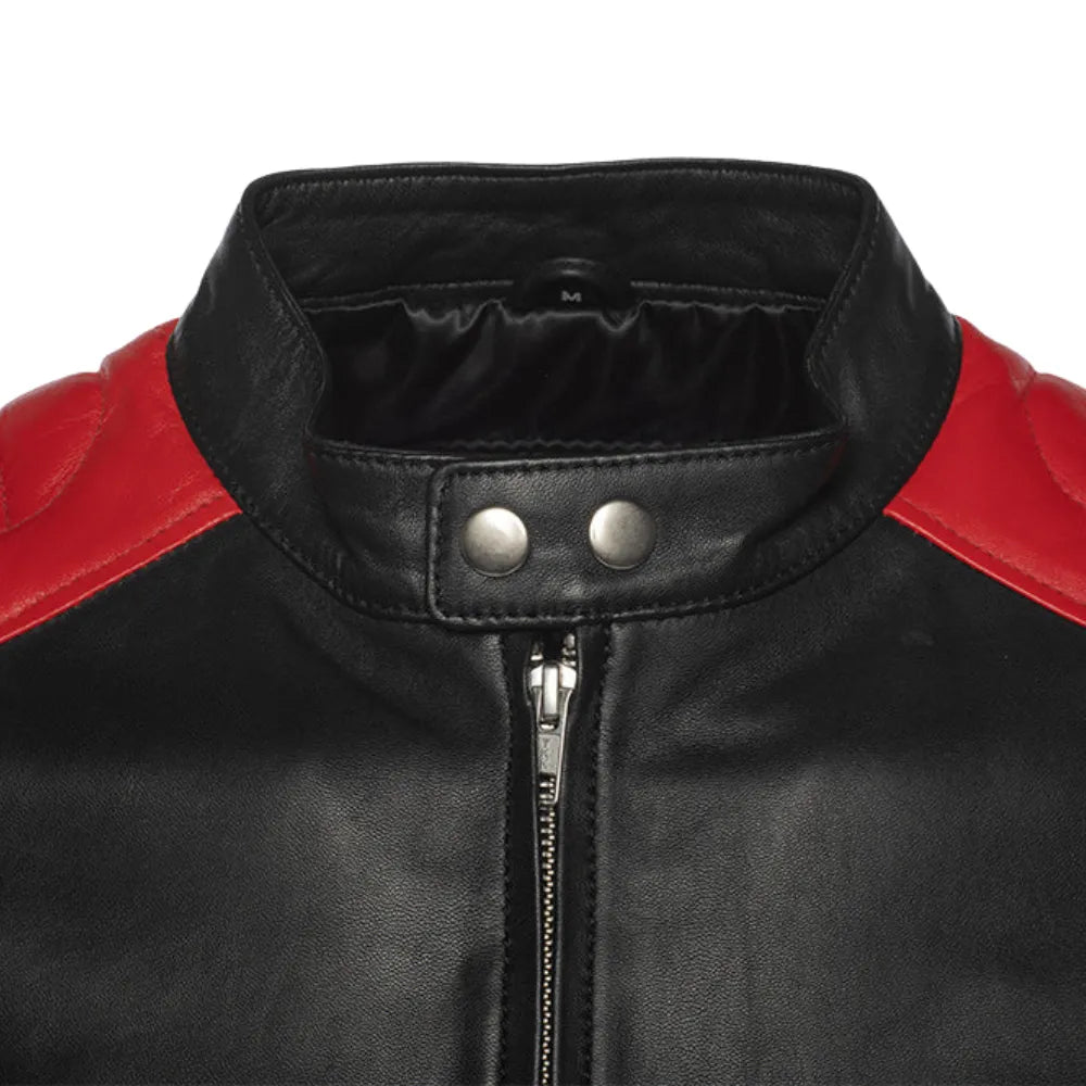 Black moto style jacket with shoulder and arm patches