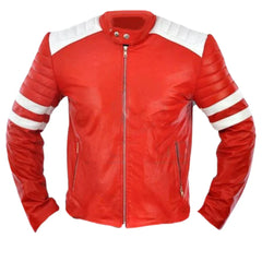 Red moto style jacket with white patches