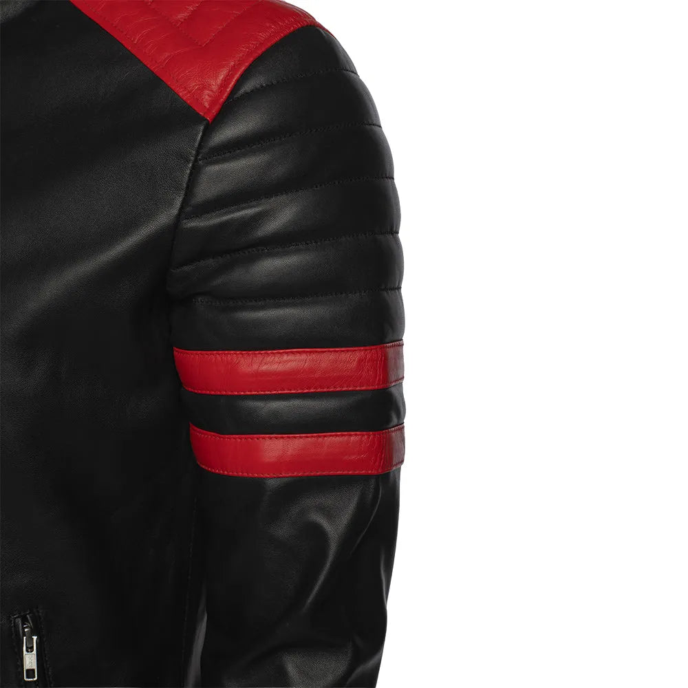 Black moto style jacket with shoulder and arm patches
