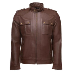Brown leather jacket with collar belt