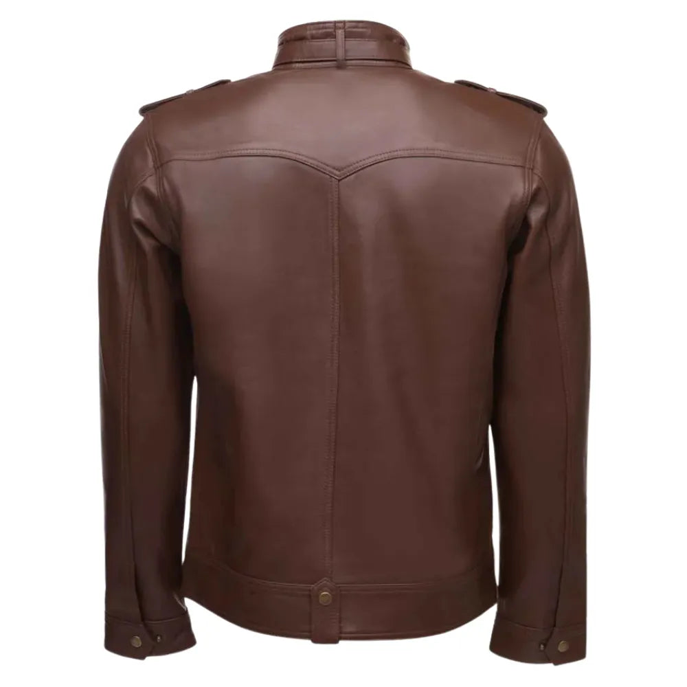 Brown leather jacket with collar belt
