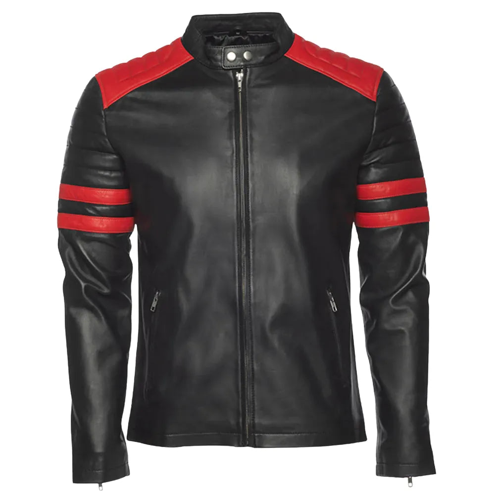 Black moto style jacket with shoulder and arm patches