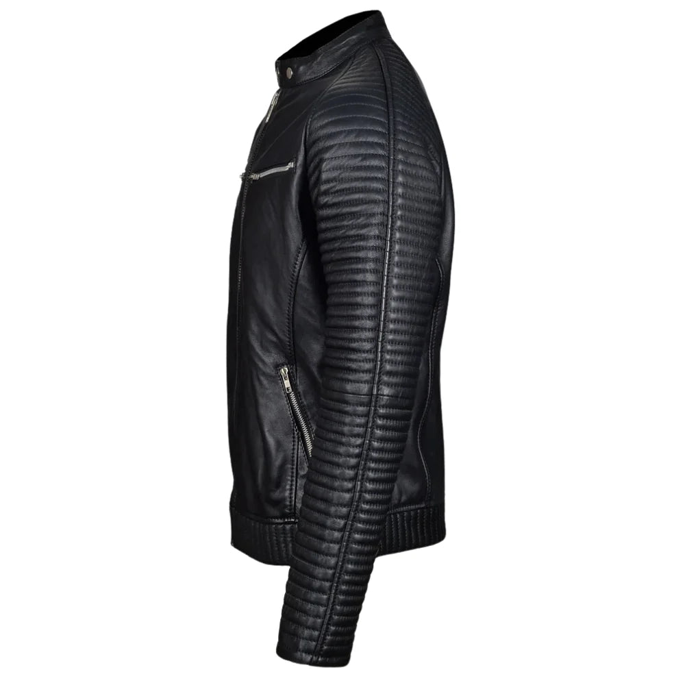 Haworths moto style leather jacket with ribbed stitched sleeves